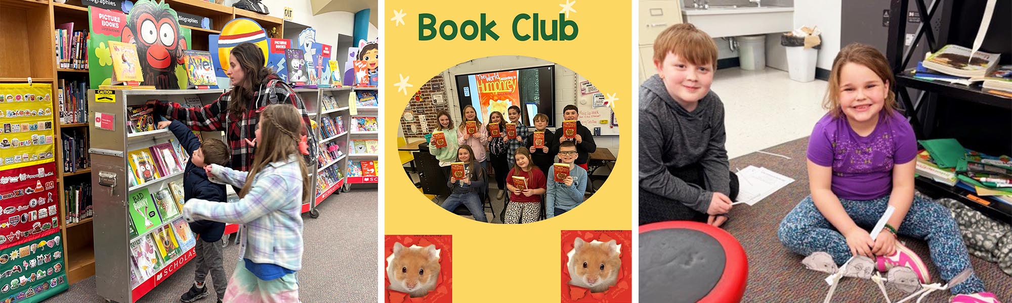Photo collage of students in the library, Book Club poster, and two happy students sitting in a classroom