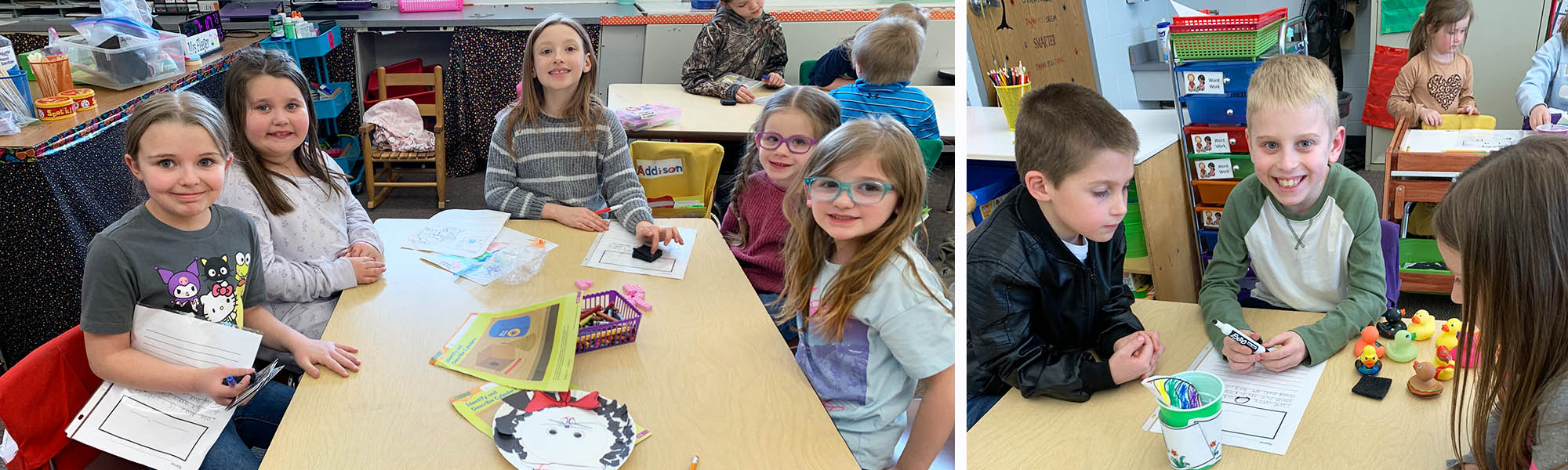Photo collage of students enjoying activities in the classroom with younger students