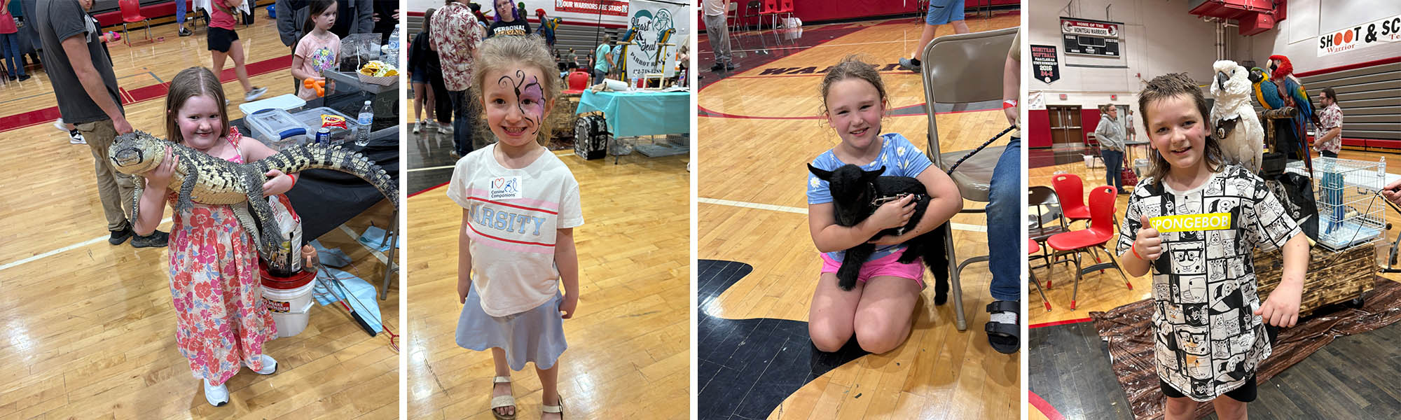 Photo collage of students holding various animals at a school carnival