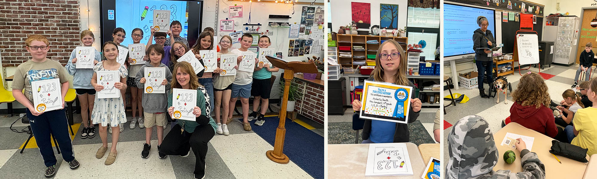 Photo collage of students working on poetry projects