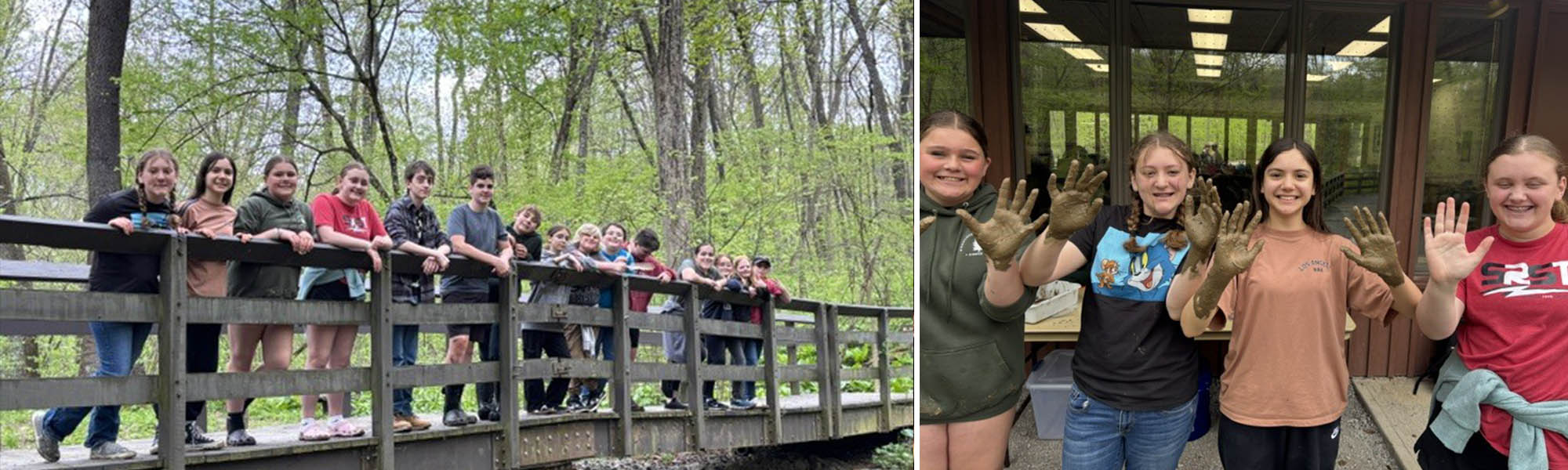 Photo collage students on a bridge and four girls with mud on their hands