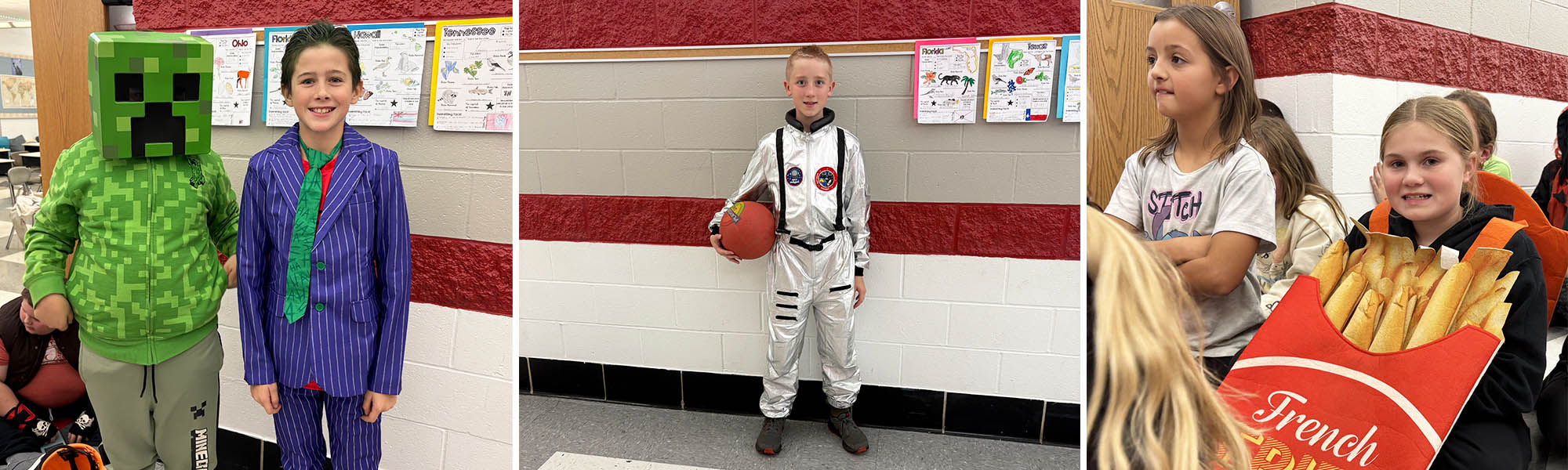 Photo collage of happy students dressed in costumes for Halloween