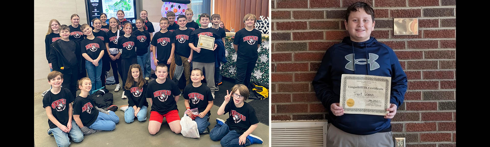 Group of students wearing Moniteau t-shirts next to a school boy holding up a certificate
