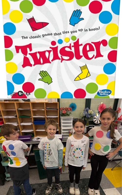 Four students dressed as twister game