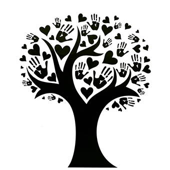 Drawing of a tree with hearts and hands as leaves