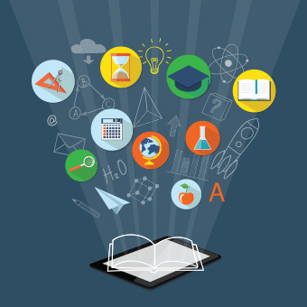 Educational concept drawing of a book opened with icons