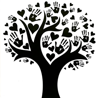 Drawing of a tree with hearts and hands as leaves