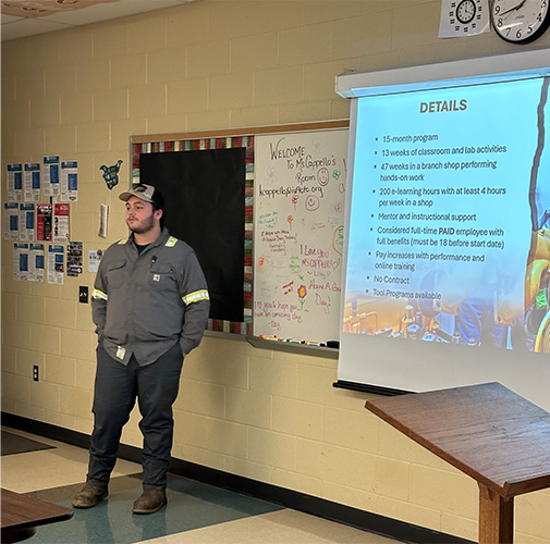 A person next to a screen that gives details