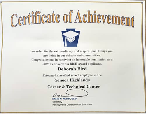 Certificate of Achievement for Debbie Bird