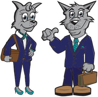 two wolf characters in business attire