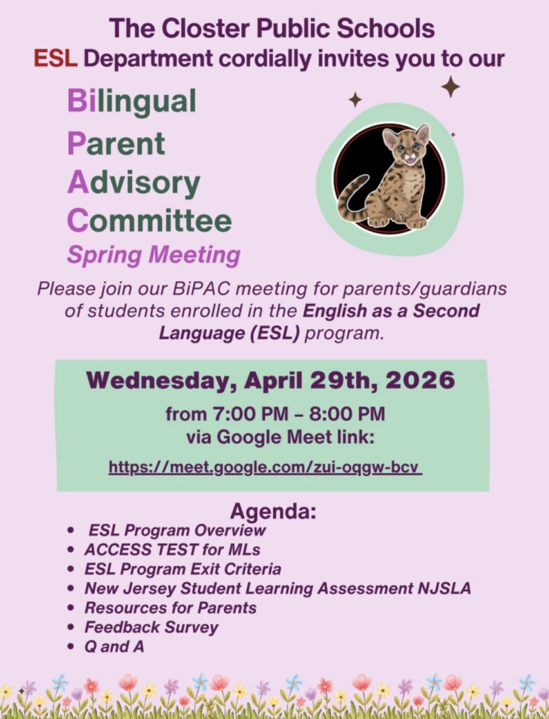 The Closter Public Schools ESL BiPAC Spring Meeting flyer