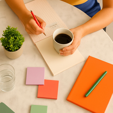 Teacher in lounge taking notes