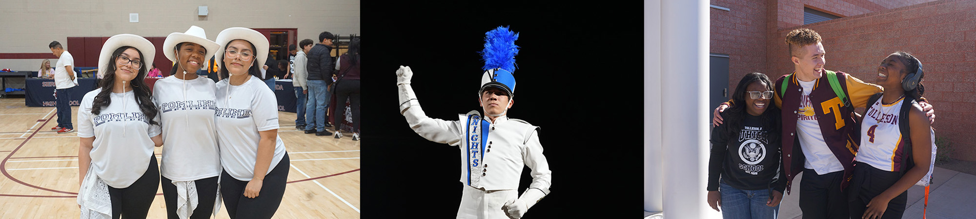 Three students wearing cowboy hats, a matching band leader, and three students laughing together