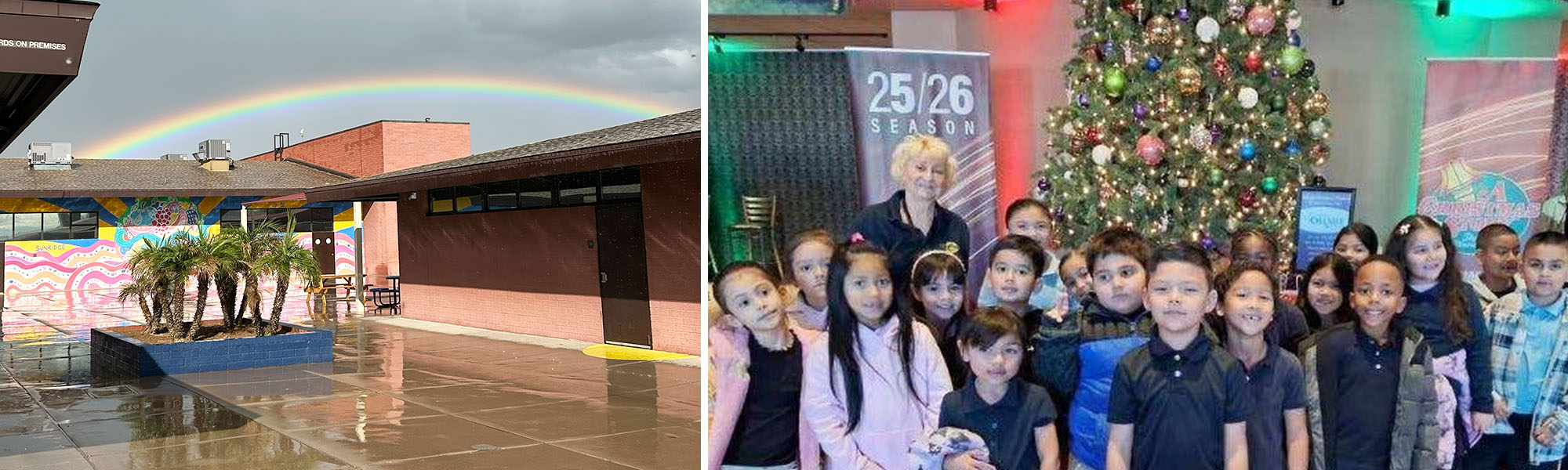 Elementary school building next to students with teacher next to Christmas tree