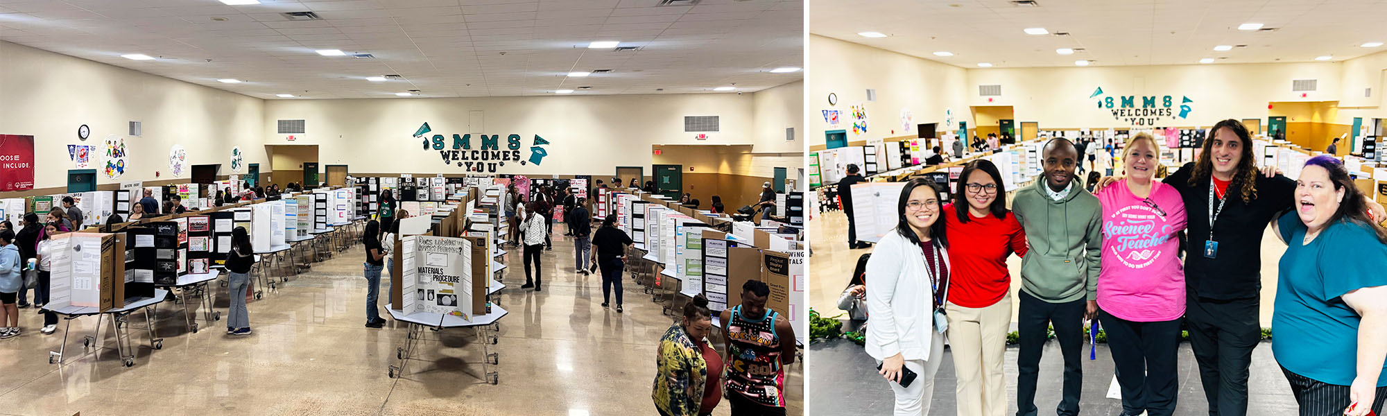 Photo collage of science fair and adult helpers