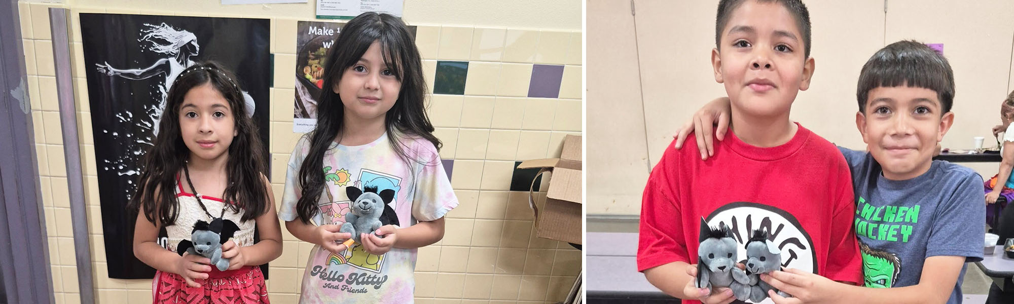 Photo collage of elementary students holding cute, little stuffed animals