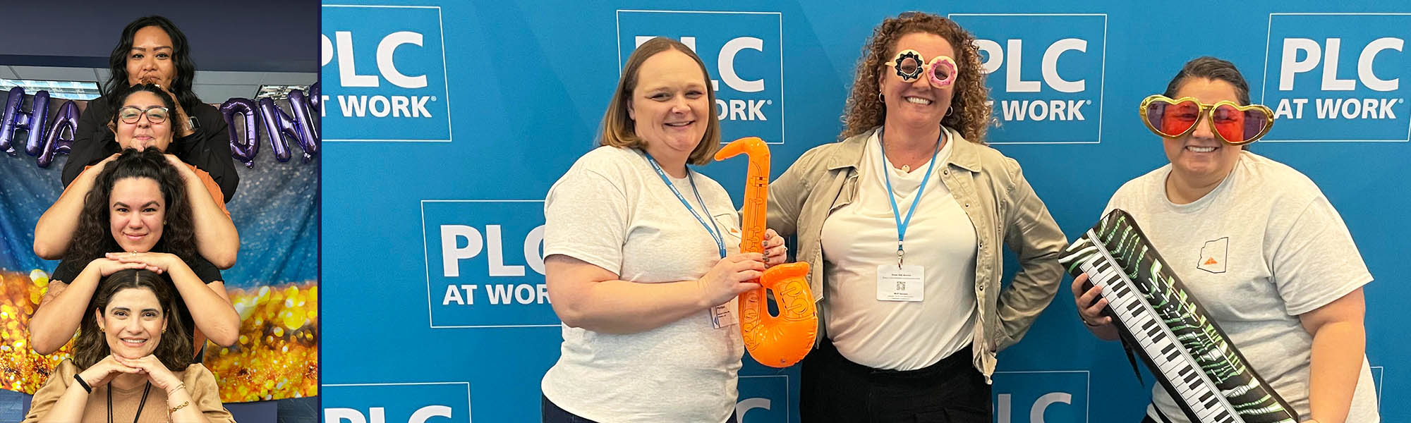 Three teachers posing for a picture in front of PLC at Work mural