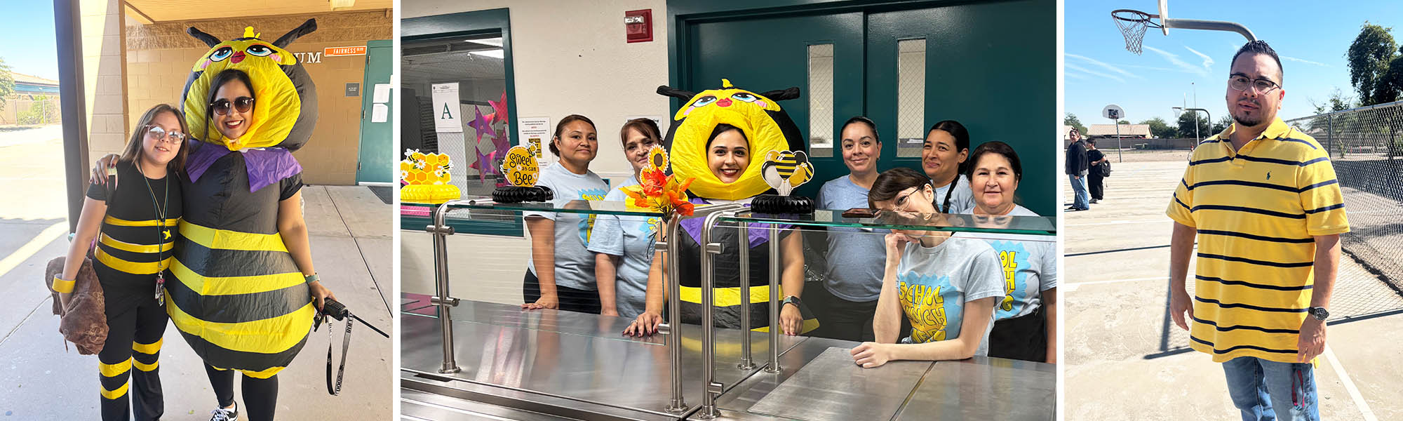 Photo collage of staff members and students dress for Halloween next to male adult outside on basketball court
