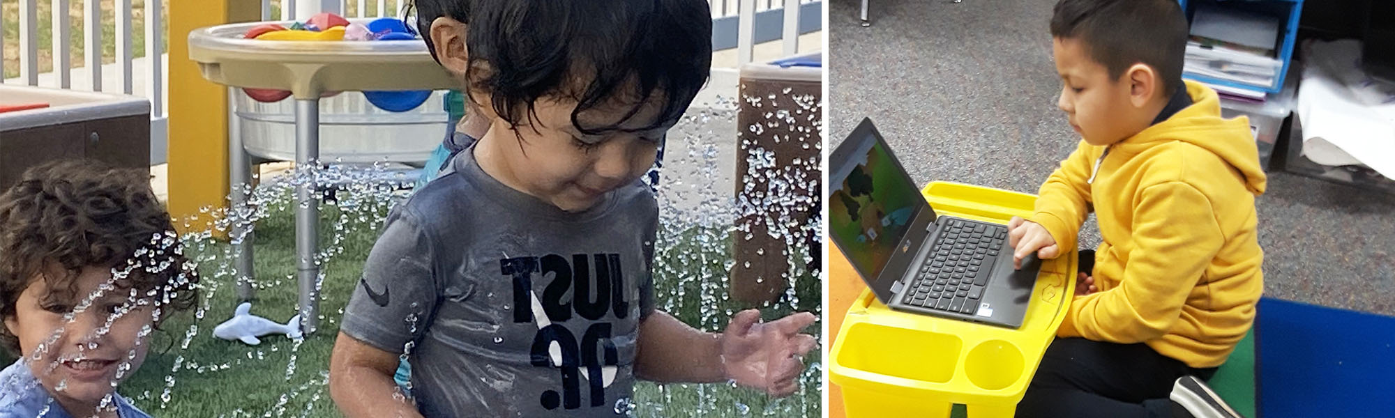 Early childhood students enjoying a fun water activity outside next to a student learning on a laptop