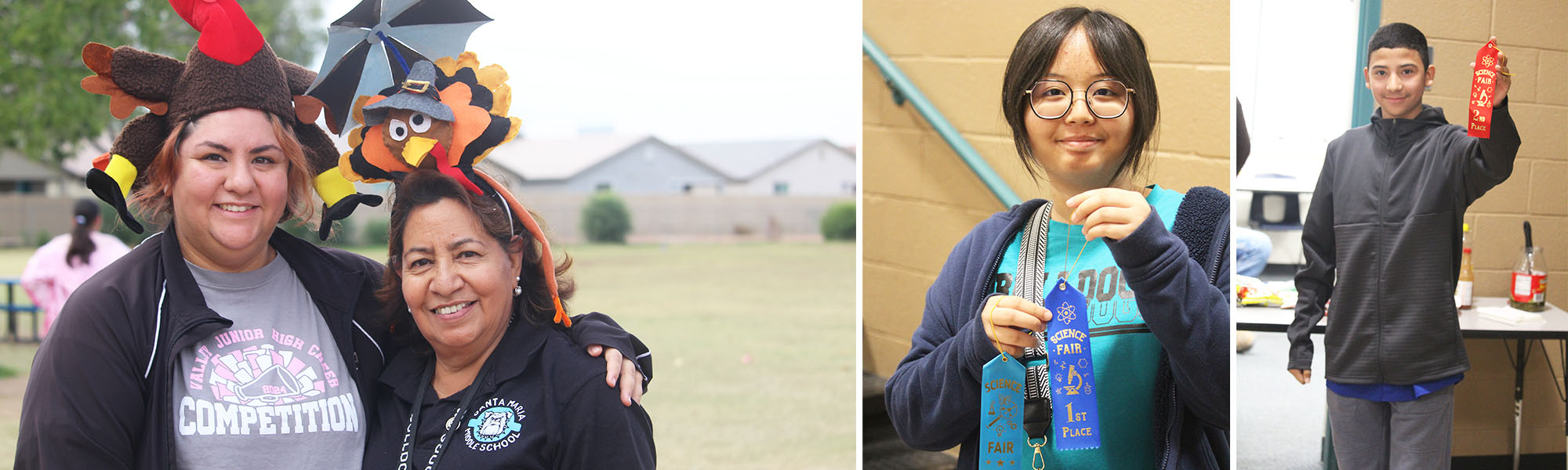 Two women staff members outside wearing fun turkey hats next to two student winners from the science fair