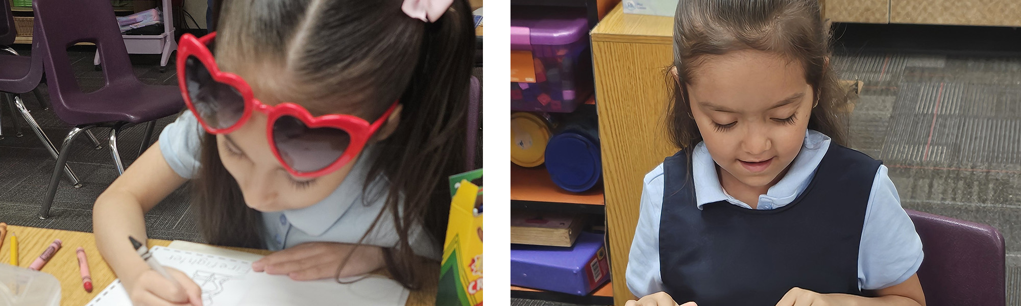 A little girls wearing heart-shaped sunglasses while coloring. A little girl reading