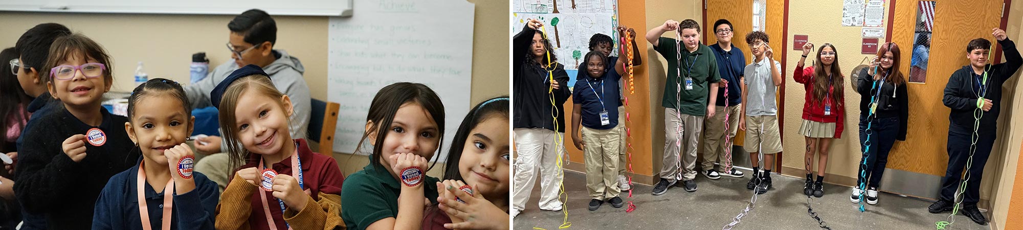 Picture of students in a classroom with I Voted stickers, and a picture of students making paper chain links in class