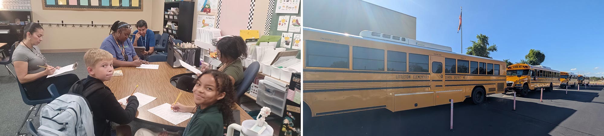 Picture of students doing work in class, and a picture of busses lined up in front of the school