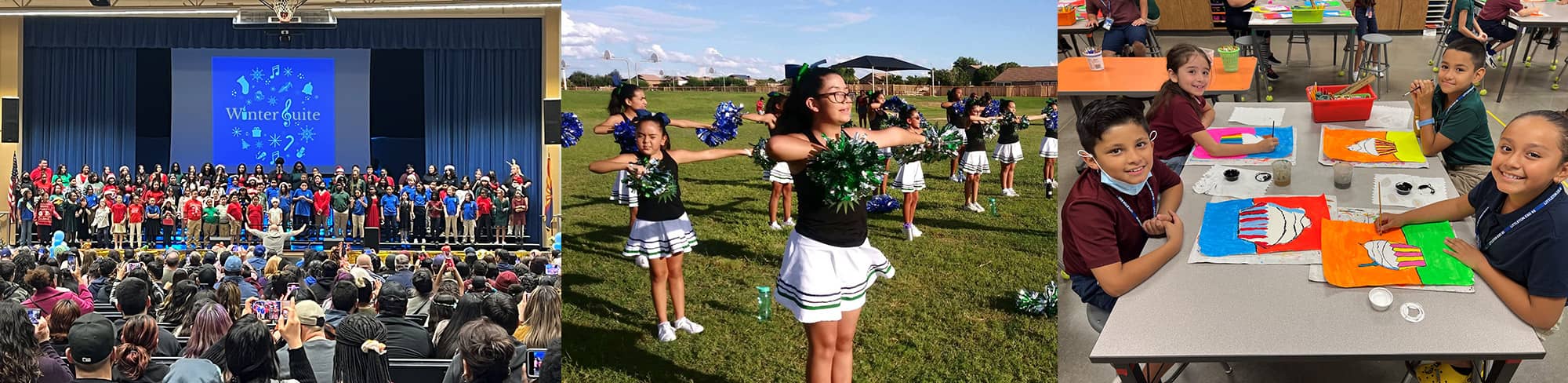 Winter Suite performance, Cheerleaders, Students making art