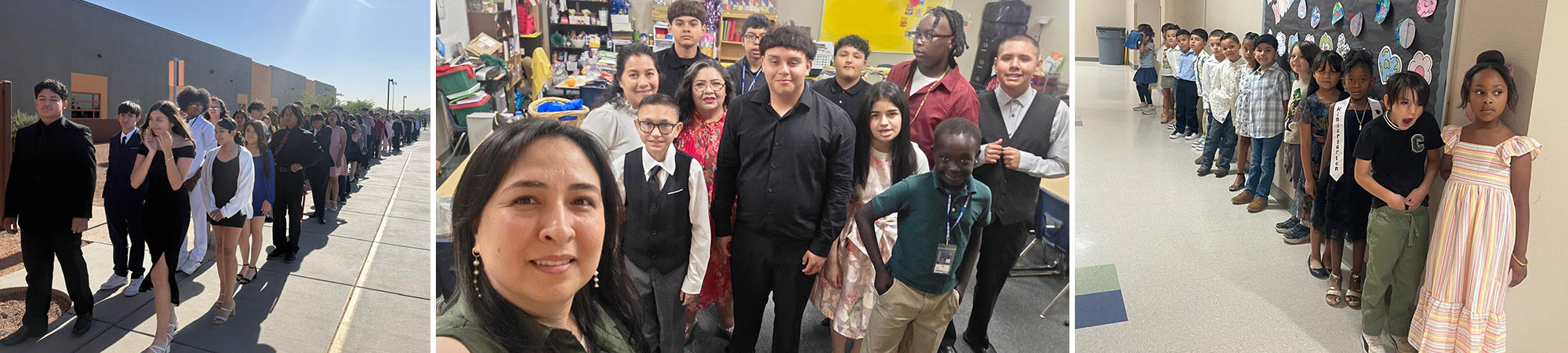 Students in line outside with formal wear, Students taking a group picture with the principal, Students lined up in the hallway to watch the graduation walk