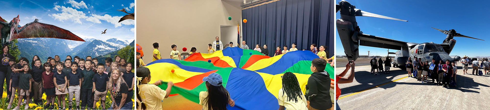 Group photo at a dinosaur museum field trip, playing with the giant parachute in the gym, group photo with an army helicopter