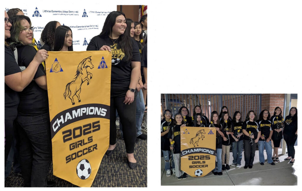 Country Place girls soccer team proudly holding Champions 2025 banner
