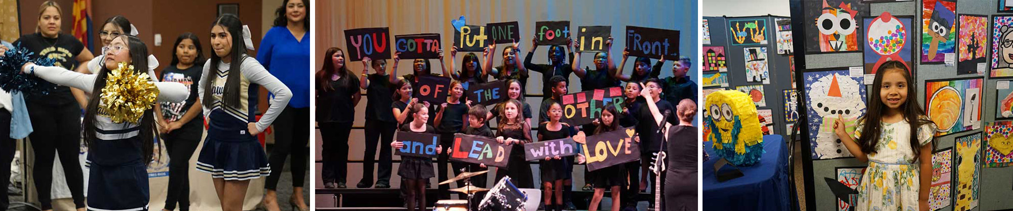 Cheerleaders, students holding signs that read You gotta put one foot in front of the other and lead with love, A student pointing to their artwork of a snowman