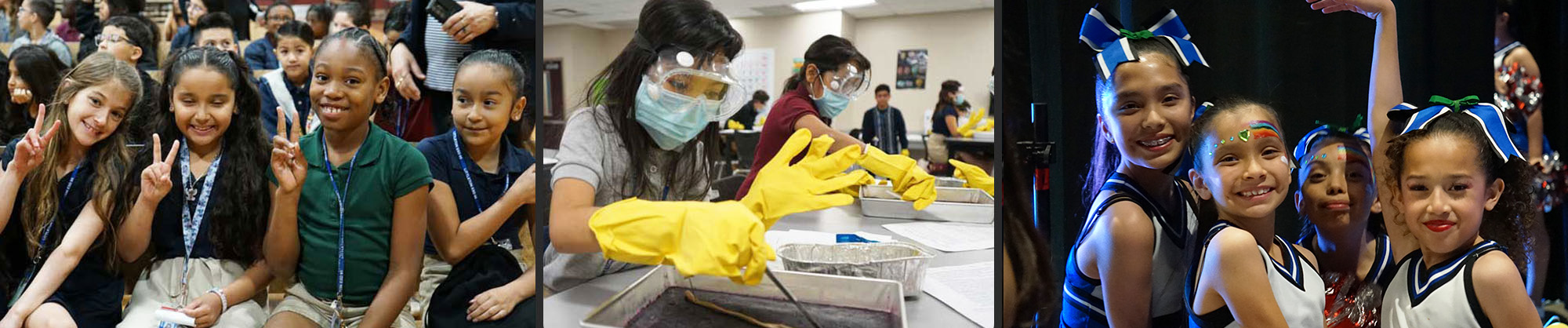 Students in lab, students displaying peace signs, and students dancing