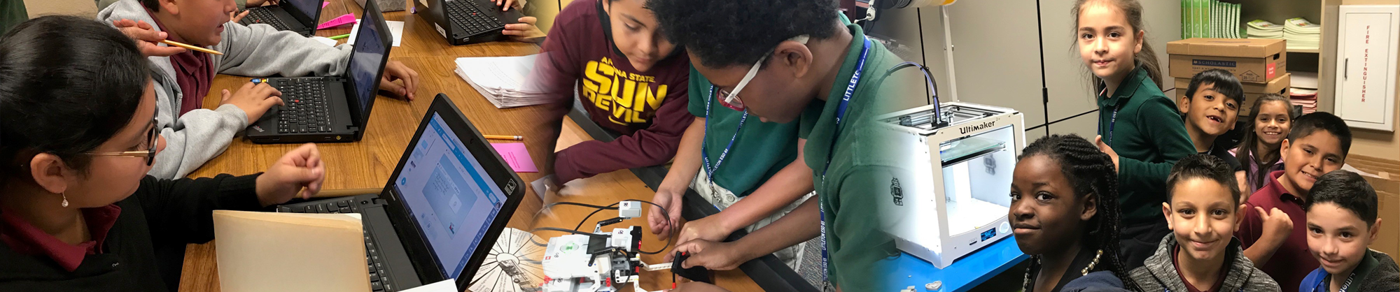 Collage of three images of students using laptops, students working on science projects