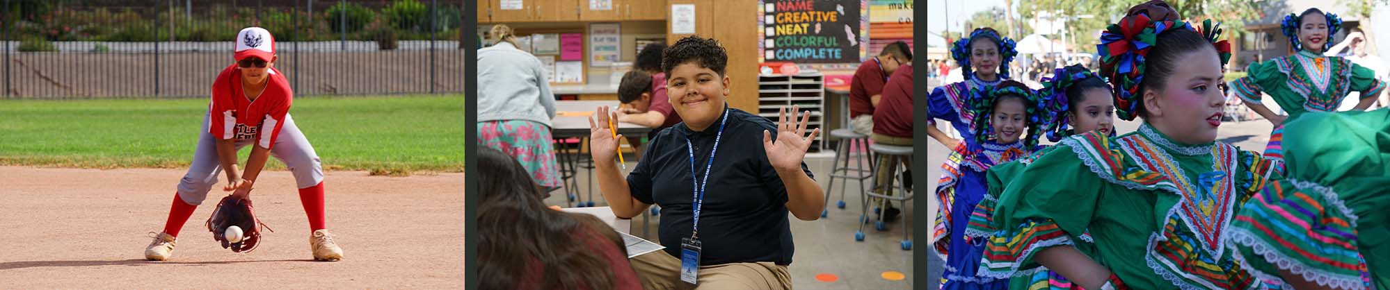 Student playing baseball, student in class room, student dancing