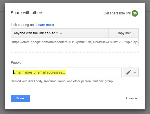 Screen image of how to share a Google folder with others