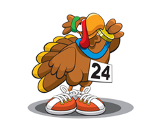 Cartoon turkey in red running shoes