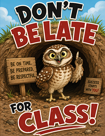 Don't be late for class! poster with owl and be on time, be prepared, be respectful, and success starts with you!