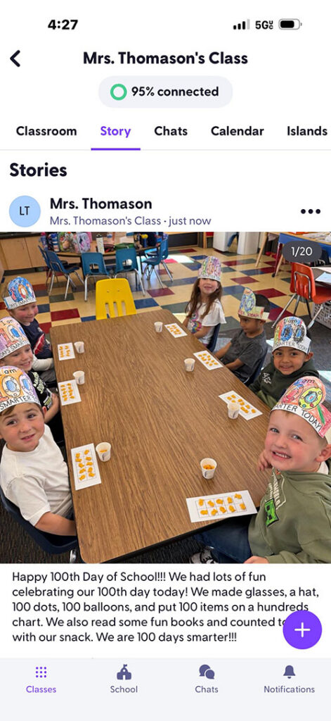 Mrs. Thomason's social media post about their 100 days of school celebration