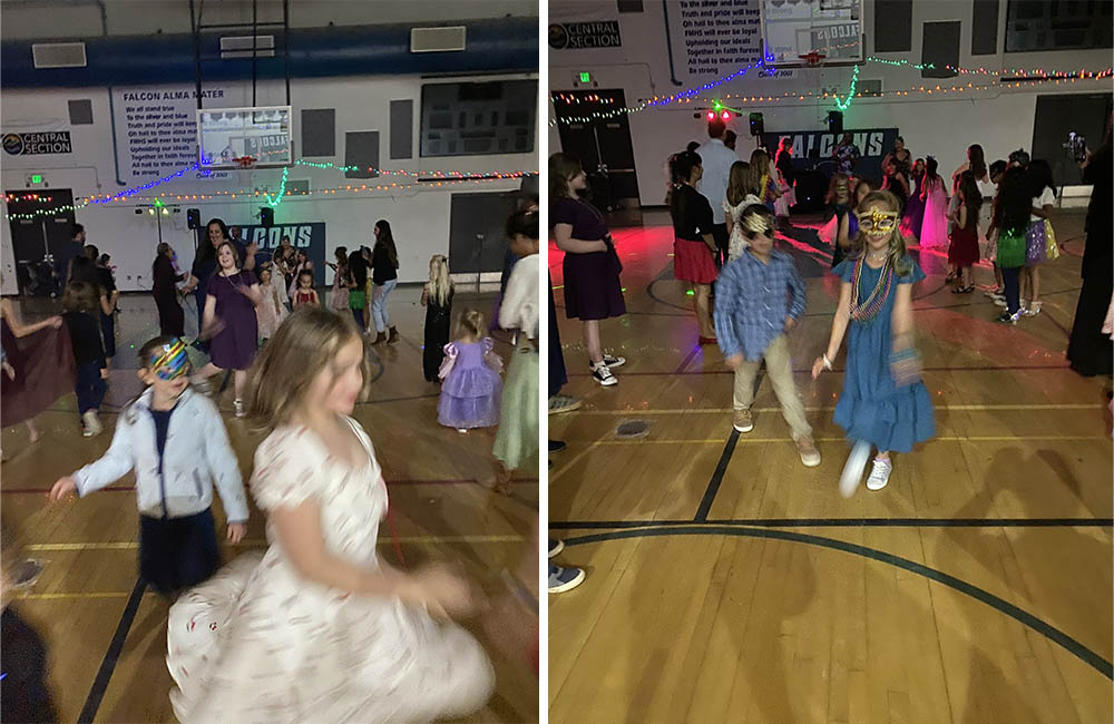 Photo collage of students dancing on the gym floor