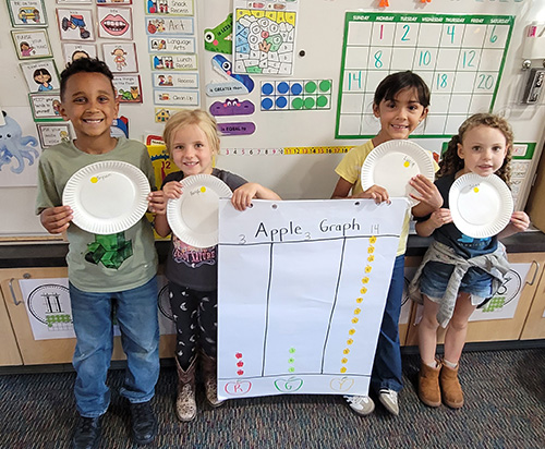 Happy Kindergarten students holding up their apple graph