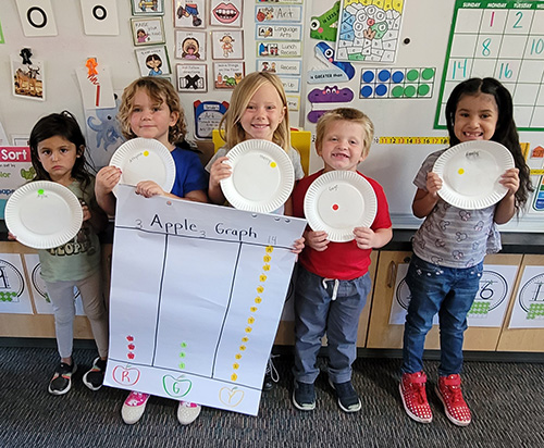 Kindergarteners posing for a picture with their apple taste test and graphing projects