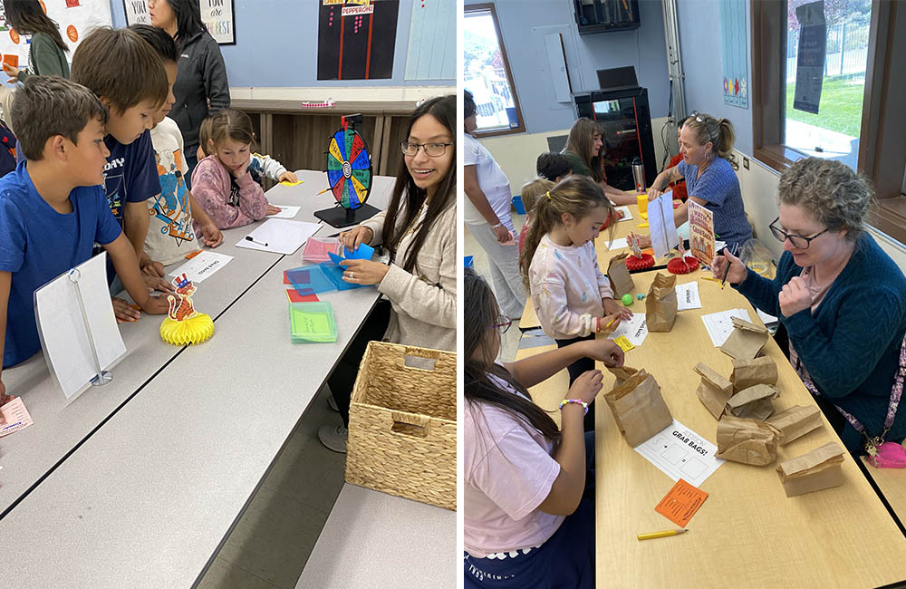 Photo collage of adults hosting stations in the math faire