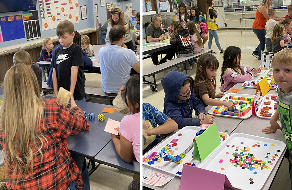 Photo collage of students using colorful Math manipulatives