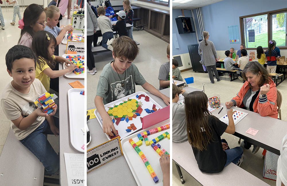 Photo collage of students learning about math at the math faire