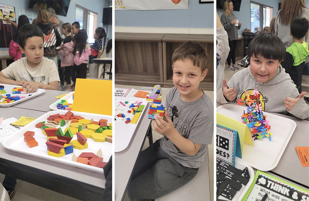 Photo collage of students having fun at the math stations
