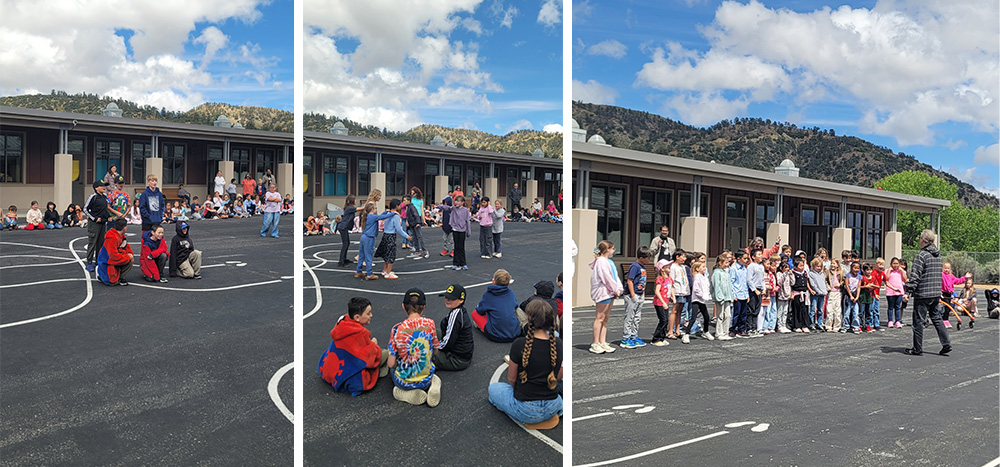 Photo collage of students on the blacktop enjoying an unforgettable i-Ready pep rally
