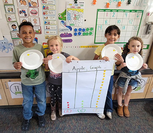 Four kindergarten students holding up their apple graphing project