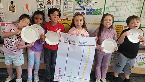 Six kindergarten students holding up their apple graphing project