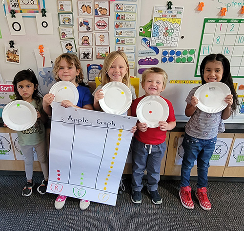 Five happy kindergarten students holding up their apple graphing project